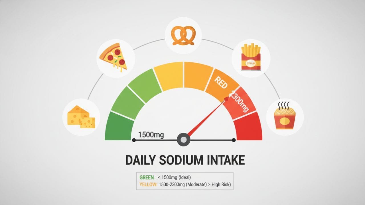 Daily Limit Gauge" ranging from Green (Safe) to Red (Danger), with a marker at 1500mg and 2300mg, surrounded by images of common salty foods.