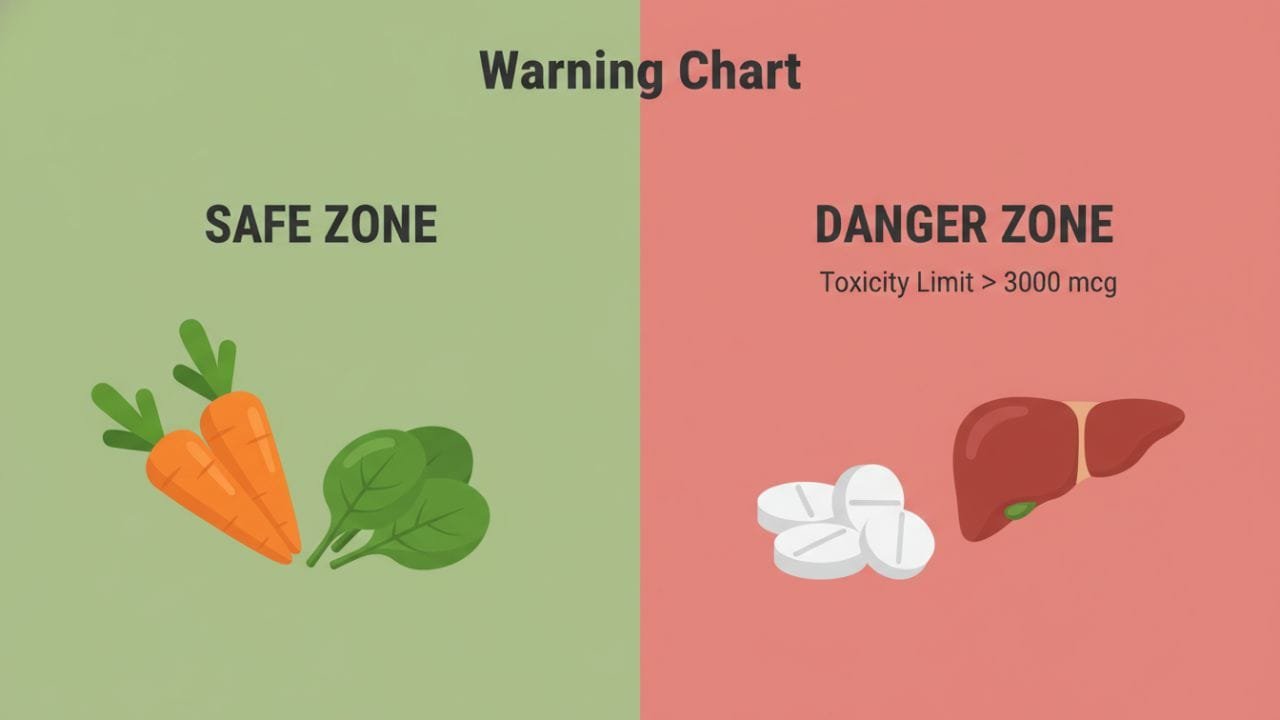 A warning chart illustration. The left side shows a 'Safe Zone' colored green with carrots and spinach. The right side shows a 'Danger Zone' colored red with high-dose pills and liver, labeled 'Toxicity Limit > 3000 mcg'.